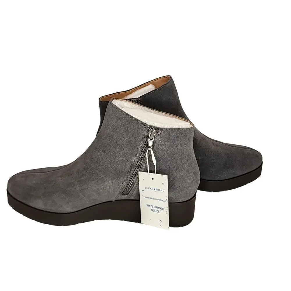 Lucky Brand Karmeya Storm Waterproof Suede Booties 10 Gray Wedge Ankle Boots NWT